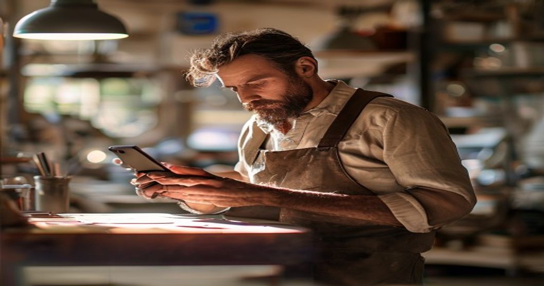 Artisan consultant Google sur son smartphone dans son atelier